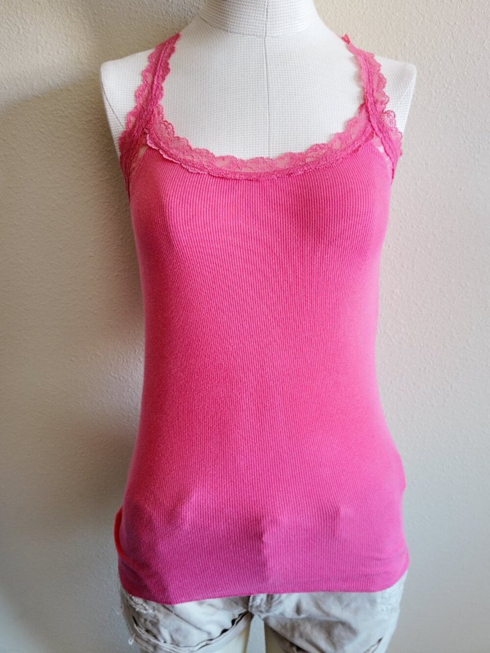 VTG Y2K Abercrombie & Fitch Pink Ribbed Cami Medium Lace Racerback Tank Top